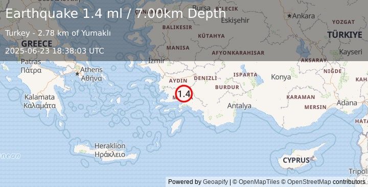 Earthquake WESTERN TURKEY (1.4 ml) (2025-06-23 18:38:03 UTC)