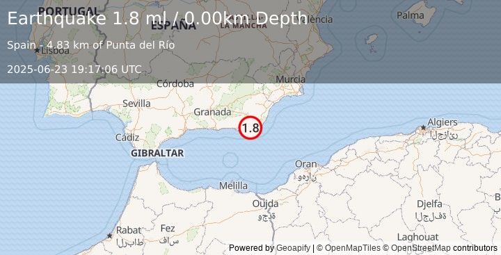 Earthquake STRAIT OF GIBRALTAR (1.8 ml) (2025-06-23 19:17:06 UTC)