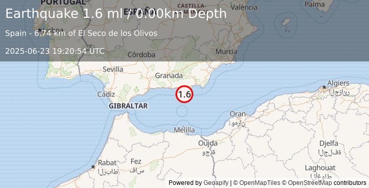 Earthquake STRAIT OF GIBRALTAR (1.6 ml) (2025-06-23 19:20:54 UTC)