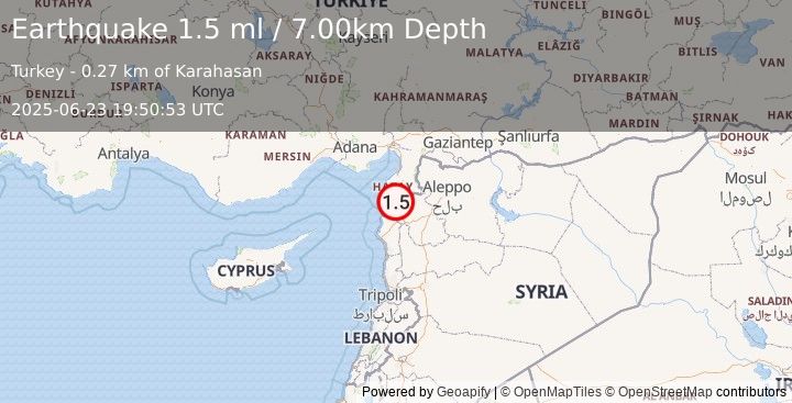 Earthquake TURKEY-SYRIA BORDER REGION (1.5 ml) (2025-06-23 19:50:53 UTC)