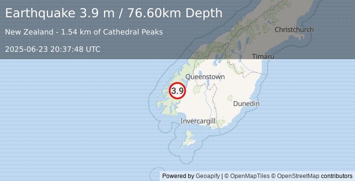 Earthquake SOUTH ISLAND OF NEW ZEALAND (3.9 m) (2025-06-23 20:37:48 UTC)