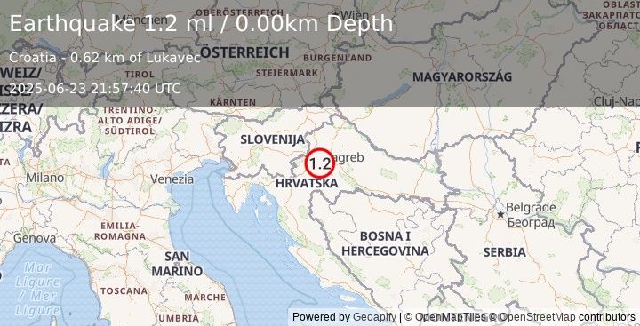 Earthquake CROATIA (1.2 ml) (2025-06-23 21:57:40 UTC)