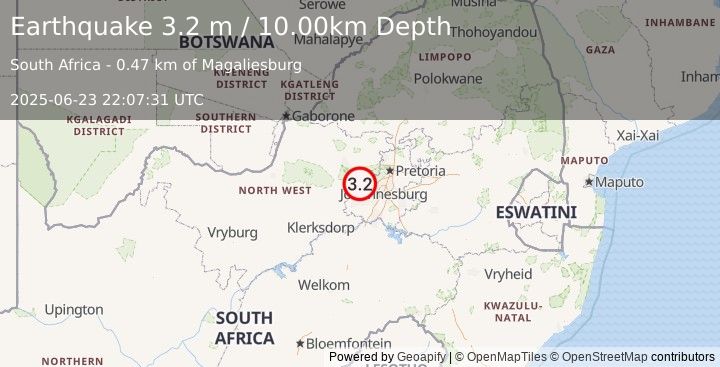 Earthquake SOUTH AFRICA (3.2 m) (2025-06-23 22:07:31 UTC)
