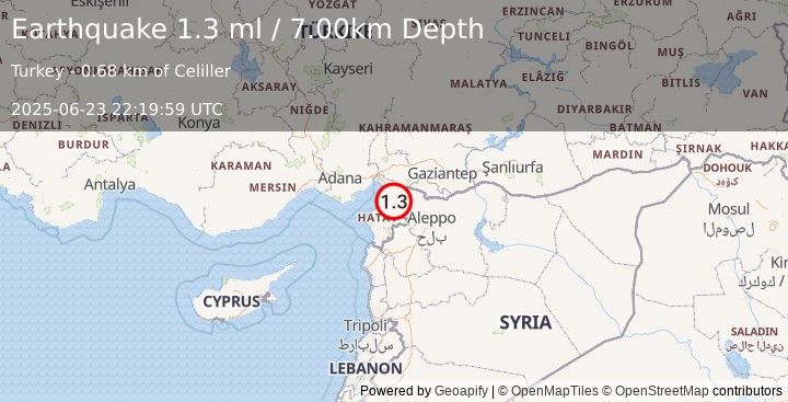 Earthquake TURKEY-SYRIA BORDER REGION (1.3 ml) (2025-06-23 22:19:59 UTC)