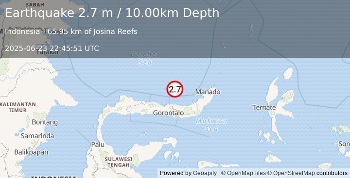 Earthquake MINAHASA, SULAWESI, INDONESIA (2.7 m) (2025-06-23 22:45:51 UTC)