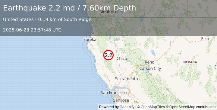 Earthquake NORTHERN CALIFORNIA (2.2 md) (2025-06-23 23:57:48 UTC)