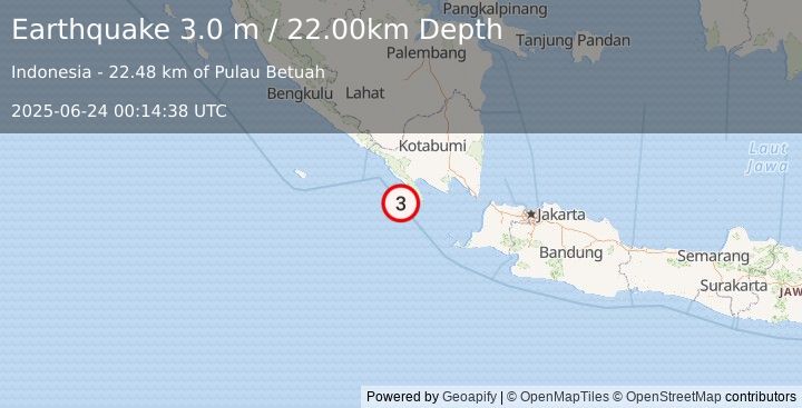Earthquake SOUTHERN SUMATRA, INDONESIA (3.0 m) (2025-06-24 00:14:38 UTC)