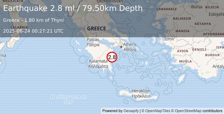 Earthquake SOUTHERN GREECE (2.8 ml) (2025-06-24 00:27:21 UTC)