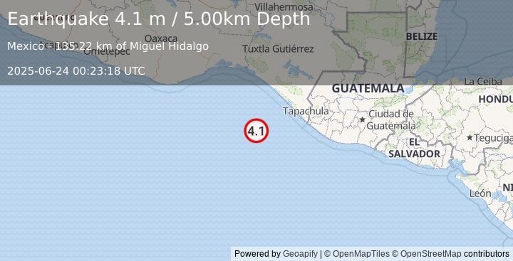 Earthquake OFF COAST OF CHIAPAS, MEXICO (4.1 m) (2025-06-24 00:23:18 UTC)