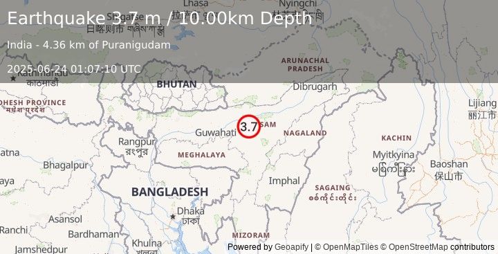 Earthquake ASSAM, INDIA (3.7 m) (2025-06-24 01:07:10 UTC)
