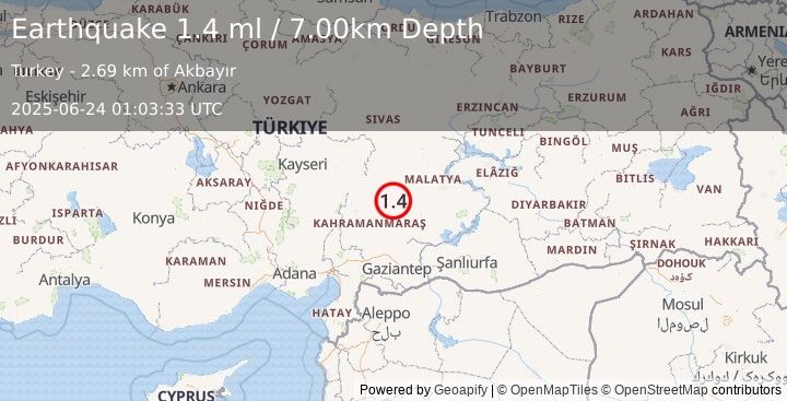Earthquake CENTRAL TURKEY (1.4 ml) (2025-06-24 01:03:33 UTC)