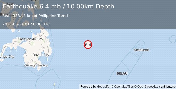 Earthquake EAST OF PHILIPPINE ISLANDS (6.3 mw) (2025-06-24 01:58:06 UTC)