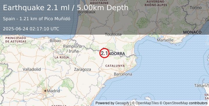 Earthquake PYRENEES (2.3 ml) (2025-06-24 02:17:11 UTC)