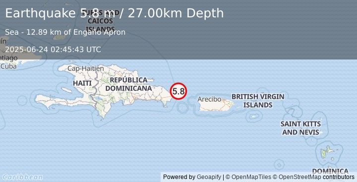 Earthquake DOMINICAN REPUBLIC REGION (5.7 mw) (2025-06-24 02:45:40 UTC)