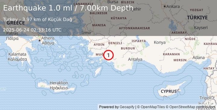 Earthquake WESTERN TURKEY (1.0 ml) (2025-06-24 02:33:16 UTC)