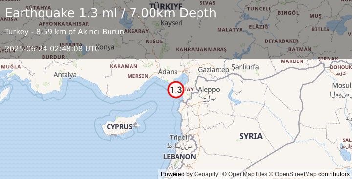 Earthquake CENTRAL TURKEY (1.3 ml) (2025-06-24 02:48:08 UTC)