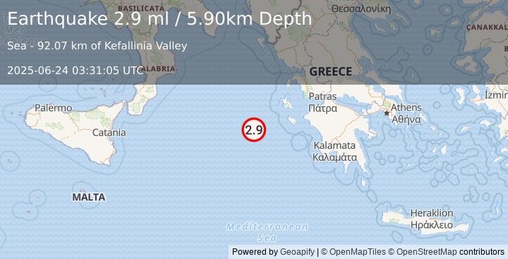 Earthquake IONIAN SEA (2.9 ml) (2025-06-24 03:31:05 UTC)