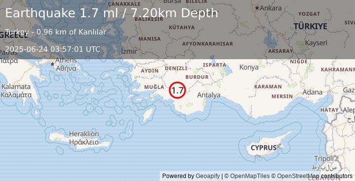 Earthquake WESTERN TURKEY (1.7 ml) (2025-06-24 03:57:01 UTC)