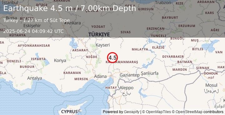 Earthquake CENTRAL TURKEY (4.5 ml) (2025-06-24 04:09:41 UTC)