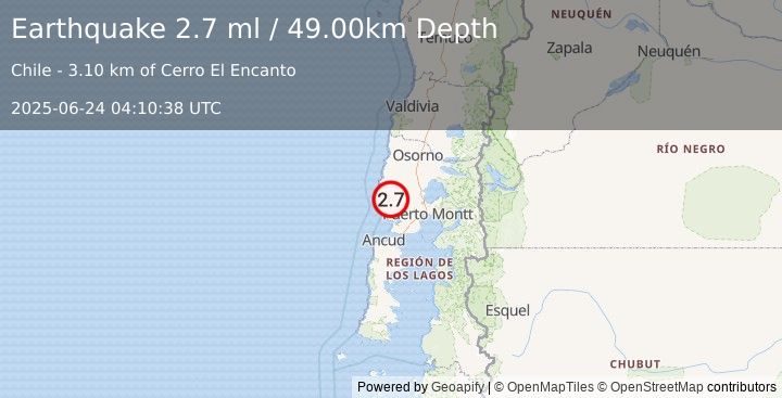 Earthquake LOS LAGOS, CHILE (2.7 ml) (2025-06-24 04:10:38 UTC)
