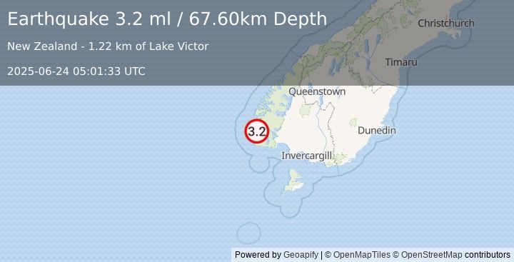 Earthquake OFF W. COAST OF S. ISLAND, N.Z. (3.2 ml) (2025-06-24 05:01:33 UTC)