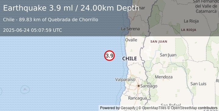 Earthquake OFFSHORE COQUIMBO, CHILE (4.0 ml) (2025-06-24 05:08:00 UTC)
