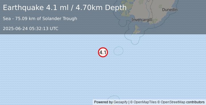 Earthquake OFF W. COAST OF S. ISLAND, N.Z. (4.1 ml) (2025-06-24 05:32:13 UTC)