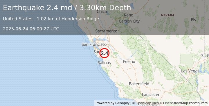 Earthquake NORTHERN CALIFORNIA (2.4 md) (2025-06-24 06:00:27 UTC)