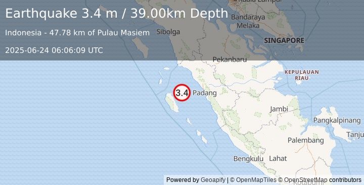 Earthquake SOUTHERN SUMATRA, INDONESIA (3.4 m) (2025-06-24 06:06:09 UTC)