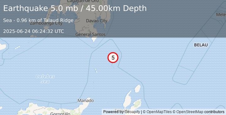 Earthquake KEPULAUAN TALAUD, INDONESIA (5.0 mb) (2025-06-24 06:24:32 UTC)