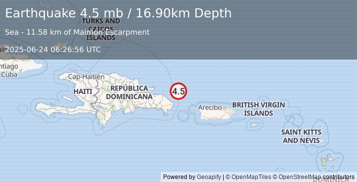Earthquake DOMINICAN REPUBLIC REGION (4.5 mb) (2025-06-24 06:26:56 UTC)