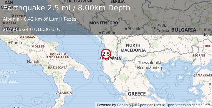 Earthquake ALBANIA (2.2 ml) (2025-06-24 07:18:38 UTC)