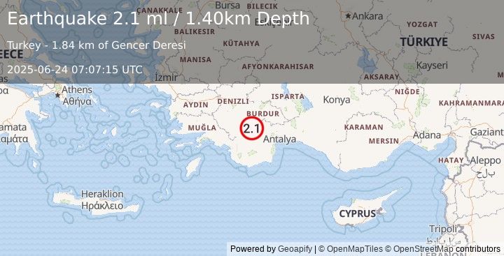 Earthquake WESTERN TURKEY (2.1 ml) (2025-06-24 07:07:15 UTC)