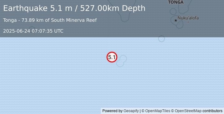 Earthquake SOUTH OF FIJI ISLANDS (5.1 mb) (2025-06-24 07:07:34 UTC)