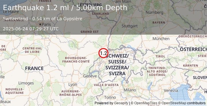 Earthquake SWITZERLAND (1.2 ml) (2025-06-24 07:29:27 UTC)