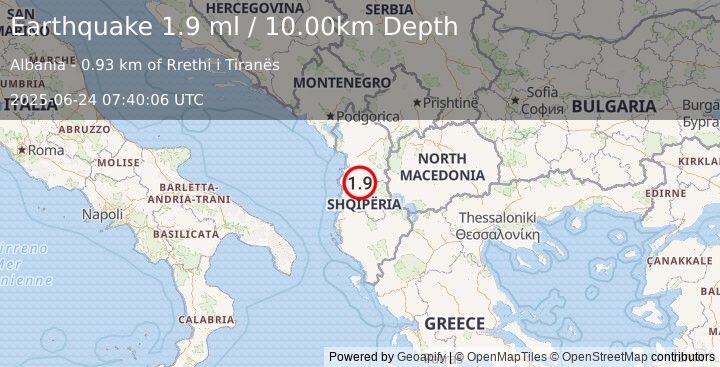 Earthquake ALBANIA (1.9 ml) (2025-06-24 07:40:06 UTC)