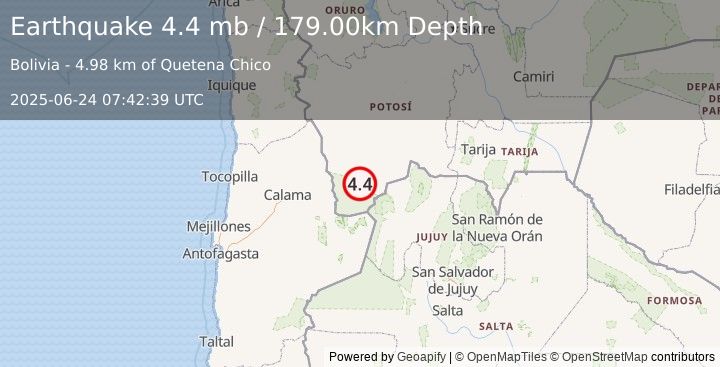 Earthquake POTOSI, BOLIVIA (4.4 mb) (2025-06-24 07:42:39 UTC)