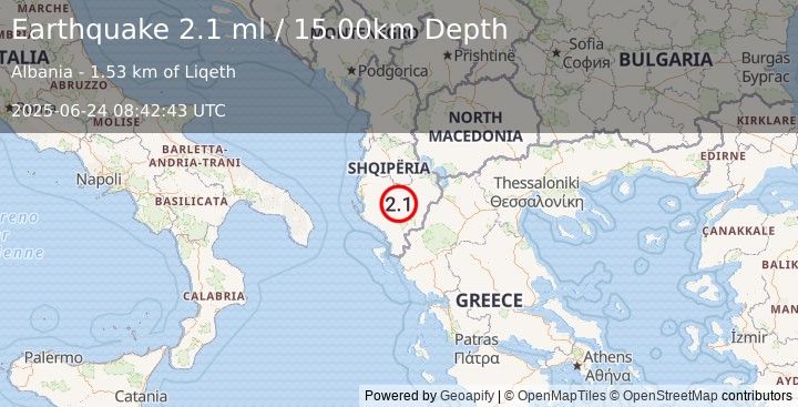 Earthquake ALBANIA (2.1 ml) (2025-06-24 08:42:43 UTC)