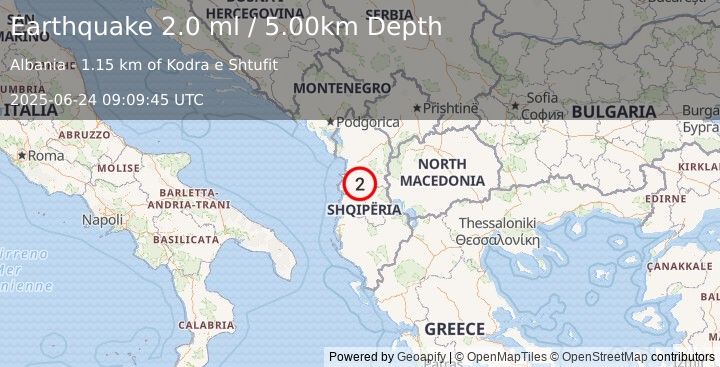 Earthquake ALBANIA (2.0 ml) (2025-06-24 09:09:45 UTC)