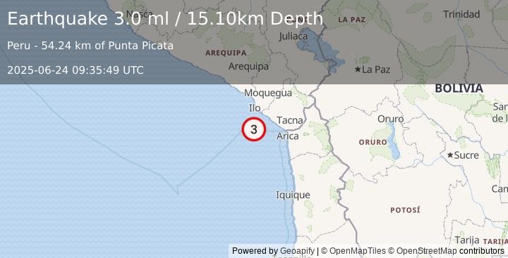 Earthquake OFF COAST OF TARAPACA, CHILE (3.0 ml) (2025-06-24 09:35:49 UTC)