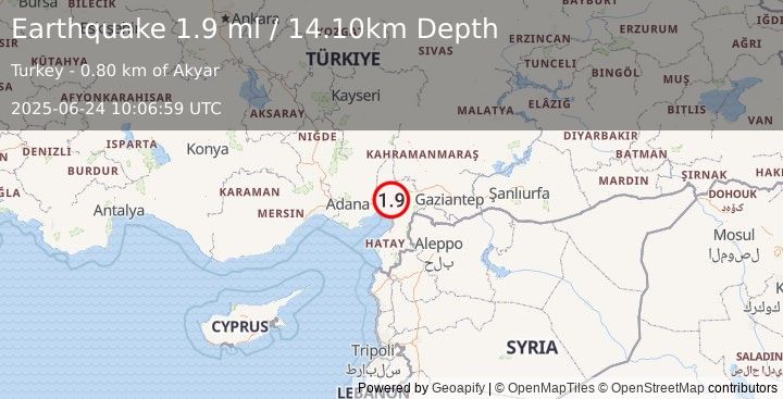 Earthquake CENTRAL TURKEY (1.9 ml) (2025-06-24 10:06:59 UTC)