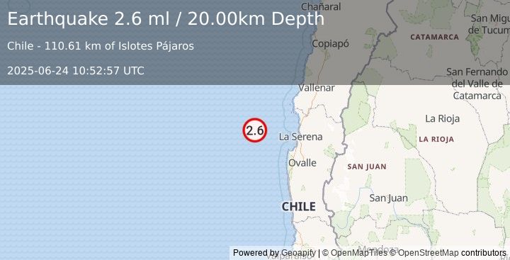 Earthquake OFF COAST OF COQUIMBO, CHILE (2.6 ml) (2025-06-24 10:52:57 UTC)