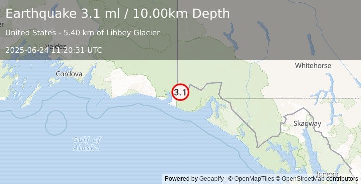 Earthquake SOUTHERN YUKON TERRITORY, CANADA (3.1 ml) (2025-06-24 11:20:31 UTC)