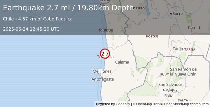 Earthquake OFFSHORE ANTOFAGASTA, CHILE (2.7 ml) (2025-06-24 12:45:20 UTC)