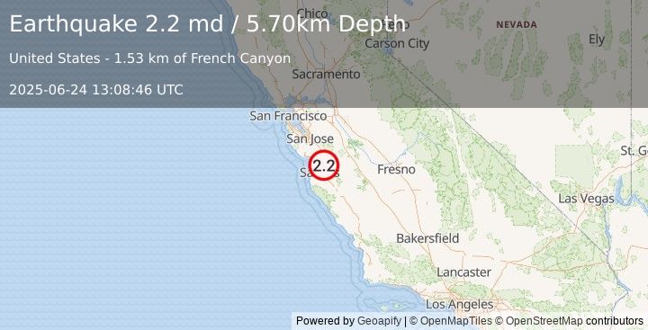 Earthquake CENTRAL CALIFORNIA (2.2 md) (2025-06-24 13:08:46 UTC)