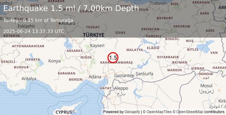 Earthquake CENTRAL TURKEY (1.5 ml) (2025-06-24 13:37:33 UTC)