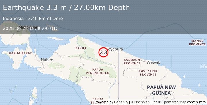Earthquake NEAR N COAST OF PAPUA, INDONESIA (3.3 m) (2025-06-24 15:00:00 UTC)