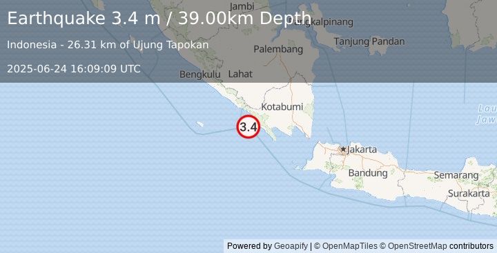 Earthquake SOUTHERN SUMATRA, INDONESIA (3.4 m) (2025-06-24 16:09:09 UTC)