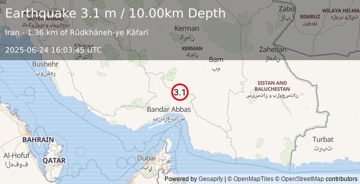 Earthquake SOUTHERN IRAN (3.1 m) (2025-06-24 16:03:45 UTC)
