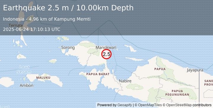 Earthquake NEAR N COAST OF PAPUA, INDONESIA (2.5 m) (2025-06-24 17:10:13 UTC)